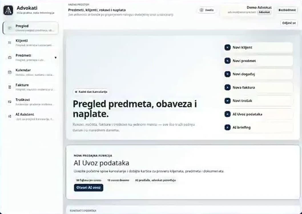Pametni Advokat office overview: navigation for clients, cases, calendar, invoices, costs and the AI assistant, with quick actions for new clients, cases, events and invoices. Demo data.